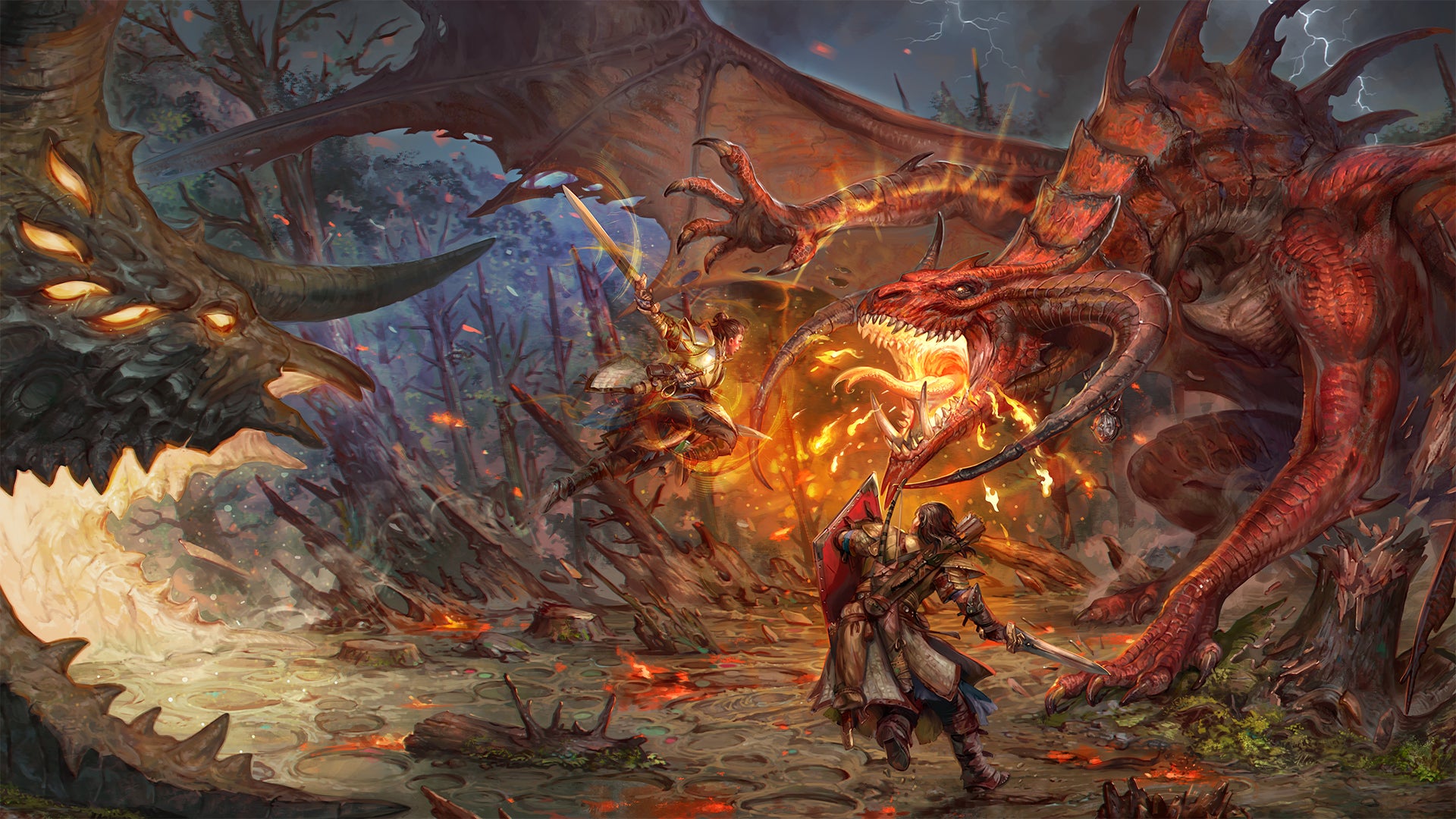 Pathfinder iconic fighter, Valeros, and a knight dressed in silver and gold plate armor battle a huge, red scaled dragon with two large horns protruding from its temple and wrapping forward towards its open mouth.