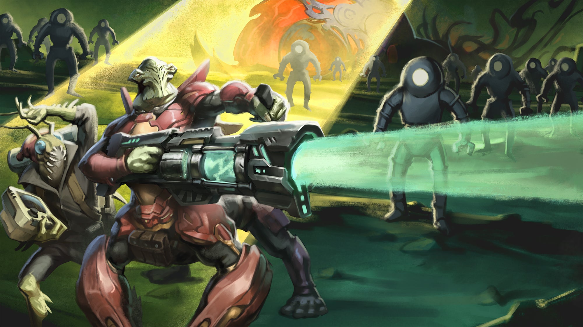 Invasion’s Edge (half pager), artist Kevin Sardinha: First Seeker Sarmak and fellow Starfinder Zizenzi fight off robots in front of a massive, alien starship. It’s dark, and the Starfinders are illuminated by aerial spotlights from an unknown source