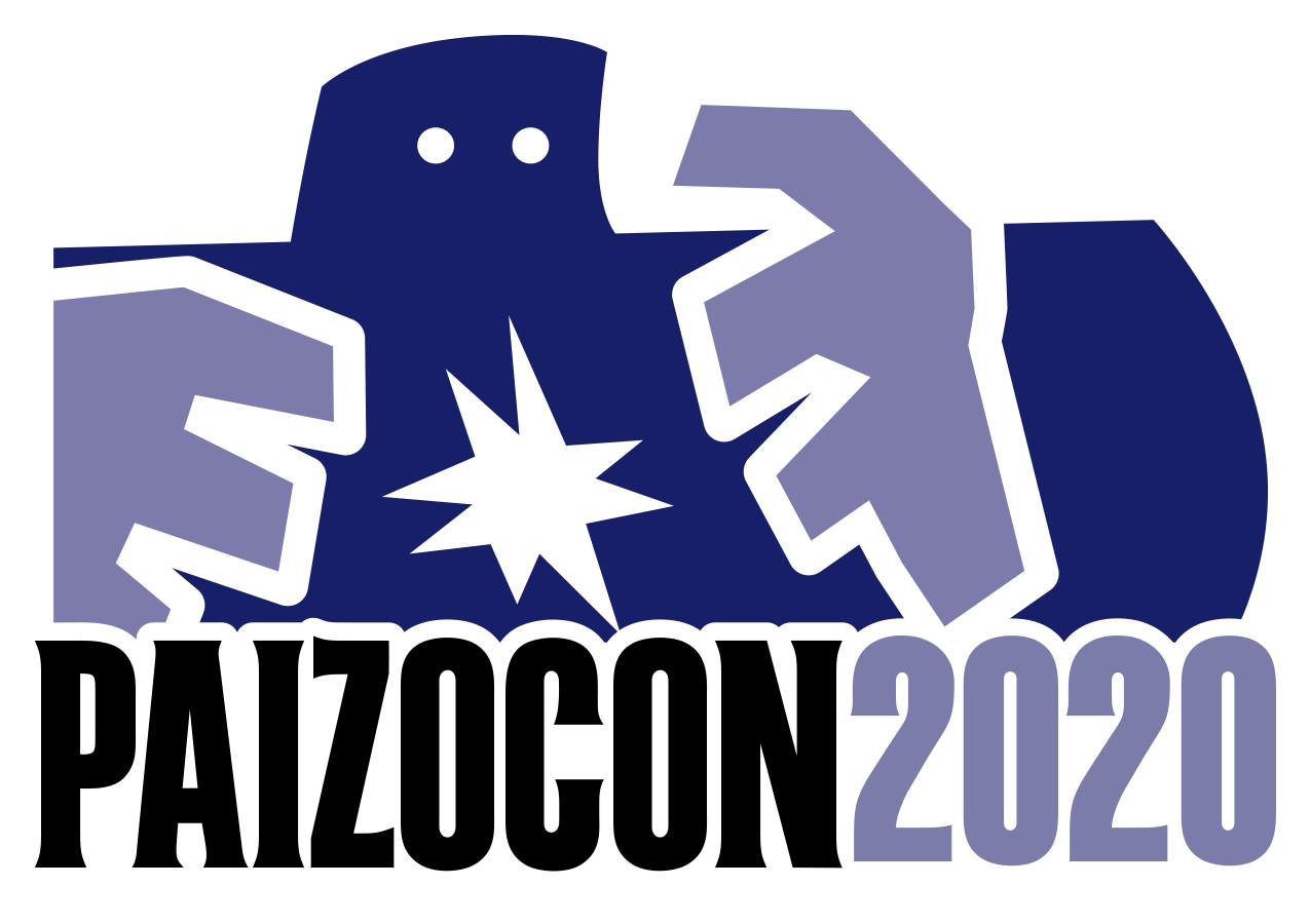 PaizoCon 2020 Art and Logo. Head and upper torso of purple stone golem with glowing eyes and purple lightning magic coming from its hands.