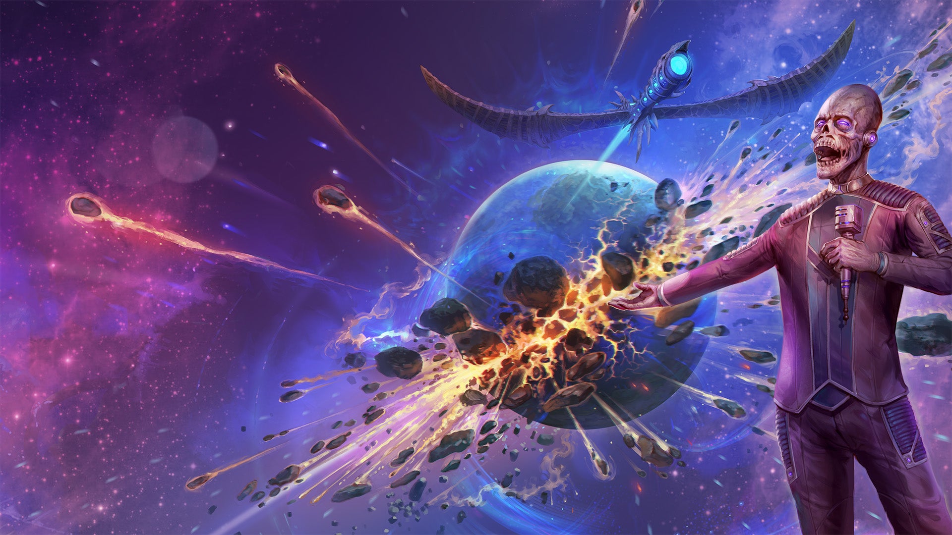 an undead elebrian, media mogul, Zo! stands in the foreground, dramatically gesturing to his background where a planet explodes in the distance as spaceships flee the explosion.