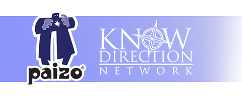 Paizo golem logo and Know Direction Network text logo on purple background