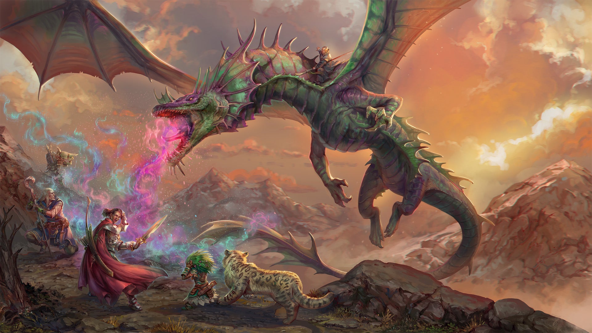 Pathfinder iconic champion, wizard, druid, and alchemist brace for impact as a large green and purple dragon breaths a colorful miasma break down on them from the air above.