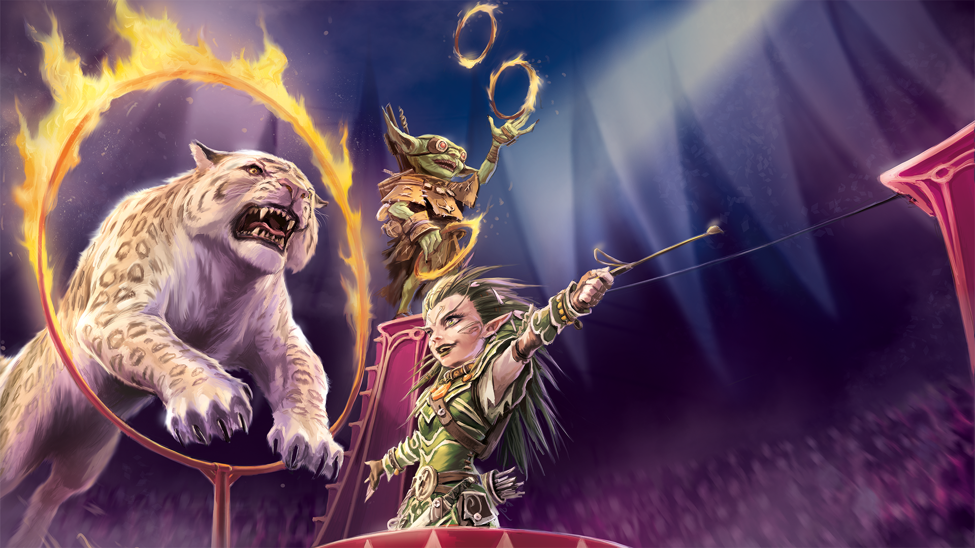 Iconic druid Lini, a green haired gnome, holds her arms out to show off a large snow leopard jumping through a flaming hoop. In the background, goblin alchemist, Fumbus, juggles much smaller flaming hoops