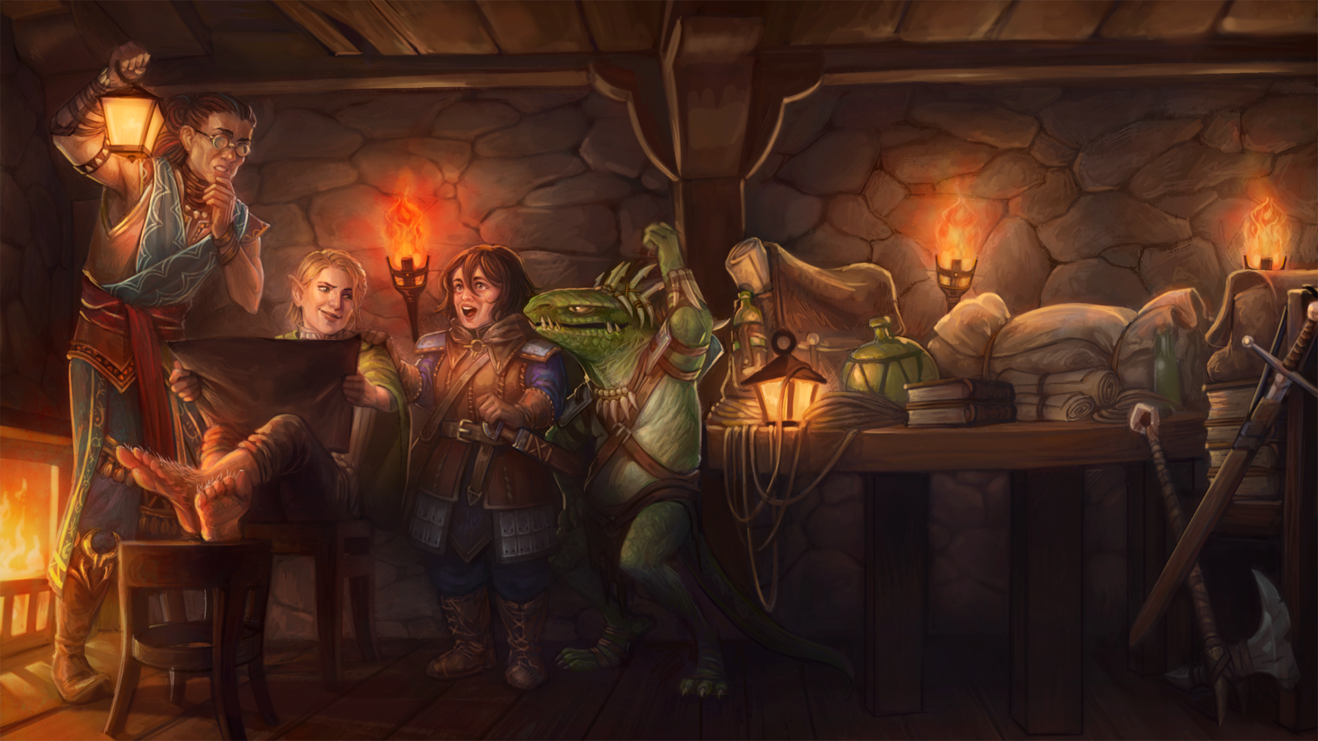 A group of adventurers sitting in from of a tavern fire, joyfully looking over a map