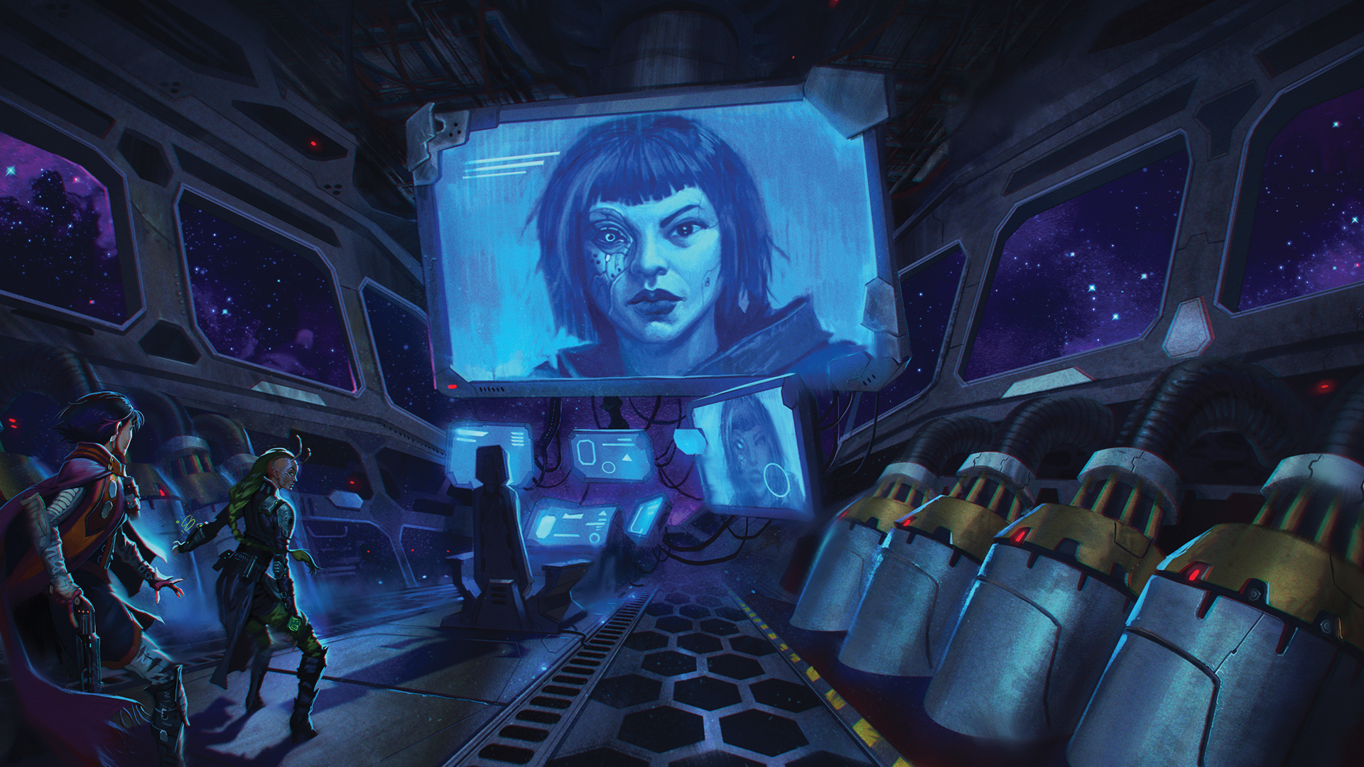 Starfinder Iconics on a dark ship facing a lit screen with what appears to be iconic, Navasi