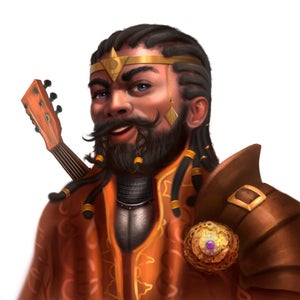 Gorm Greathammer, a smiling male dwarf with a lute slung on his back and a golden circlet on his head, leader of the Grand Archive.