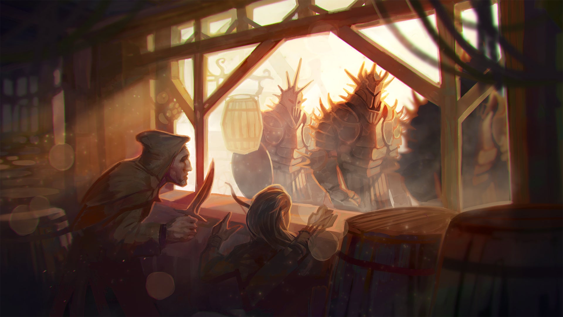 Two people dressed in hoods and leather armor, hide under a window while a group of knights in spike covered full plate armor cross in front of the building, in search of the hidden figures