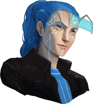Historia-7, a blue-haired female android with glowing blue circuitry across her face, leader of the Dataphiles.