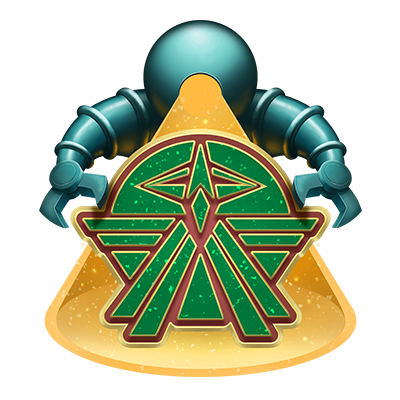 Illustration by Kevin Sardinha: A cartoon robot shines a spotlight on the logo of the Starfinder Society, coming in from above with arms poised to seize the logo