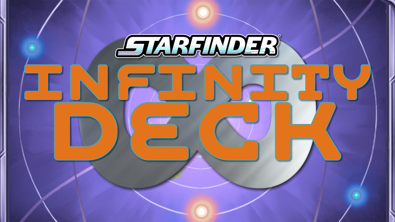 Starfinder Infinite Deck white and orange text logo over a purple background