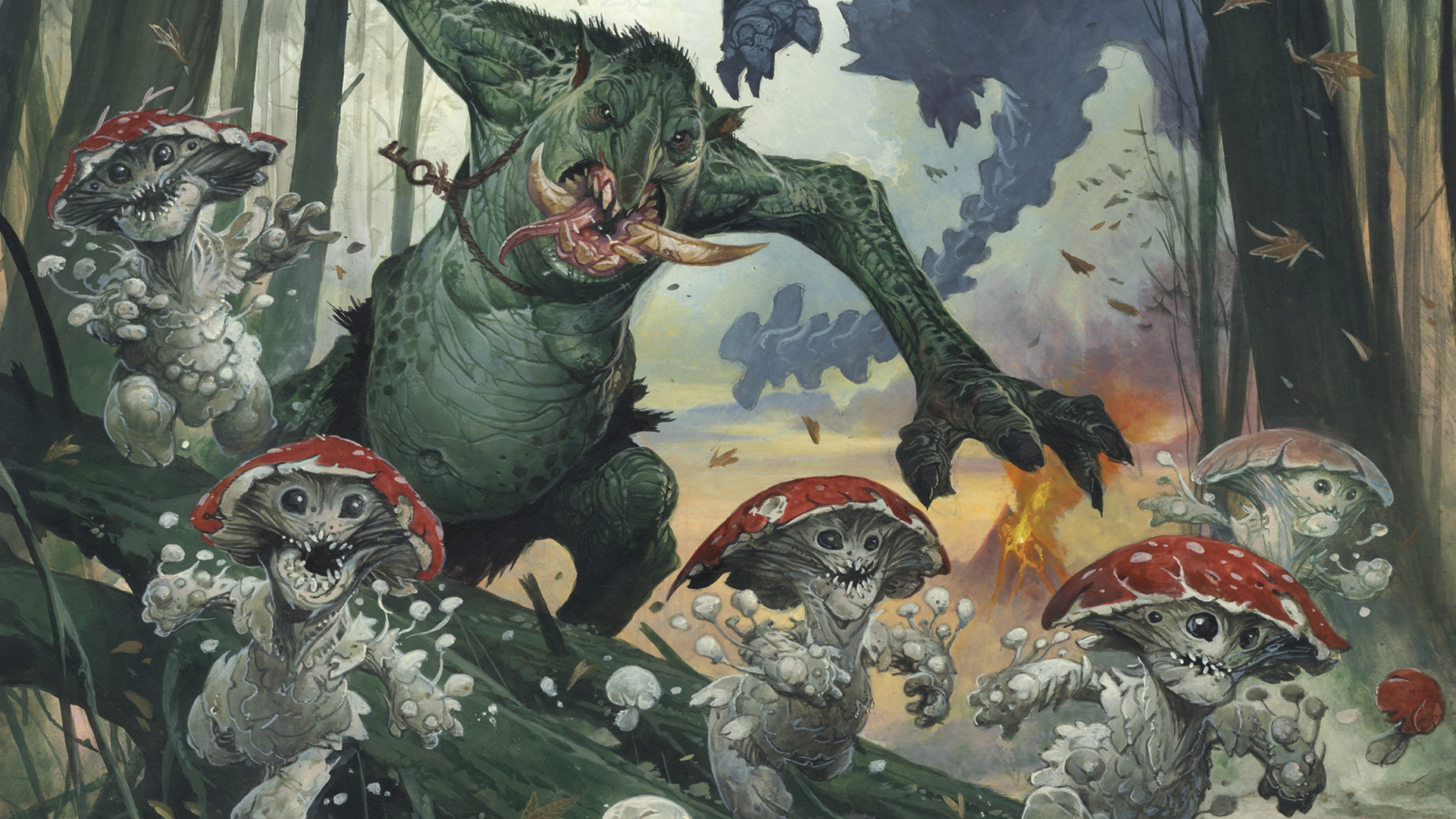 A large troll chasing mushroom leshies through the forest