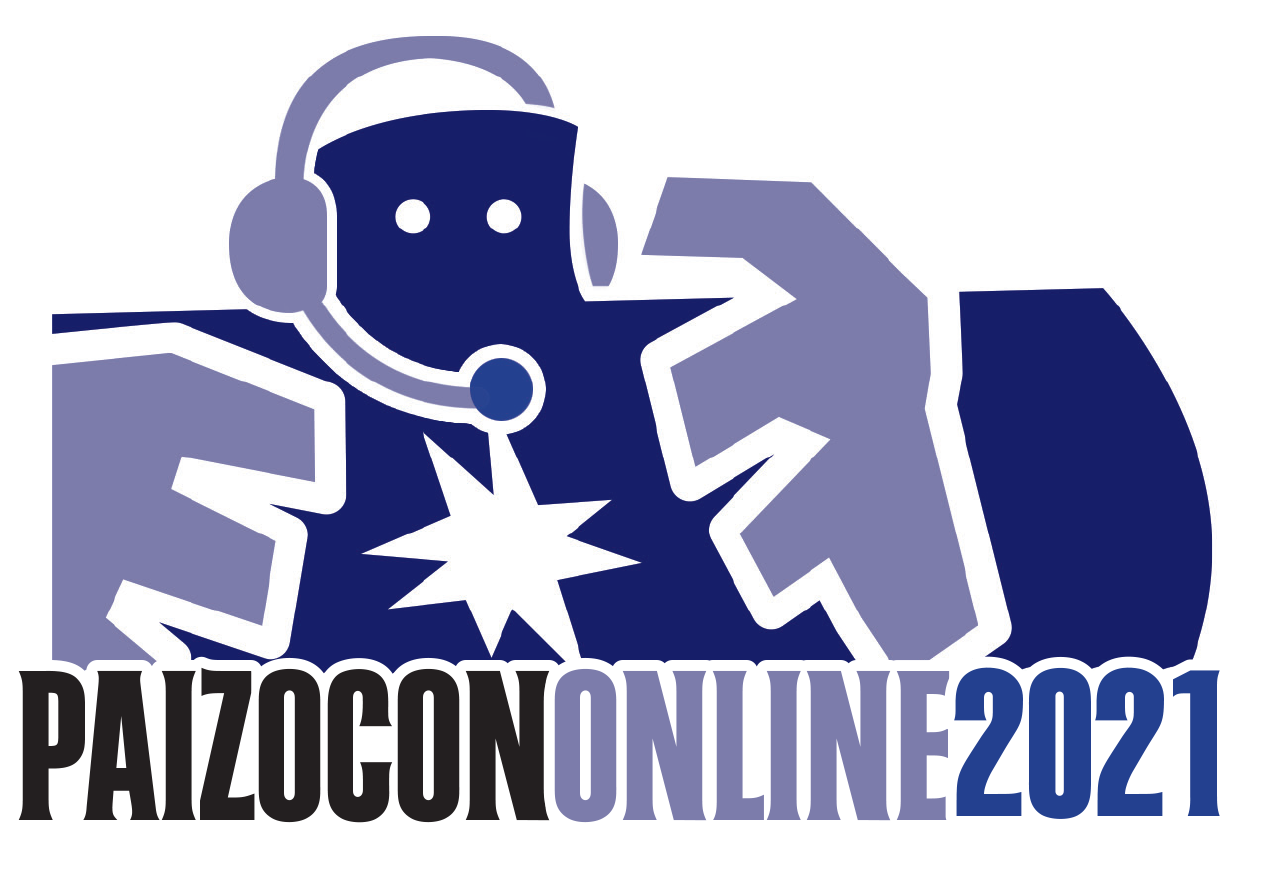 PaizoCon 2021 Art and Logo. Head and upper torso of purple stone golem with with a headset and mic