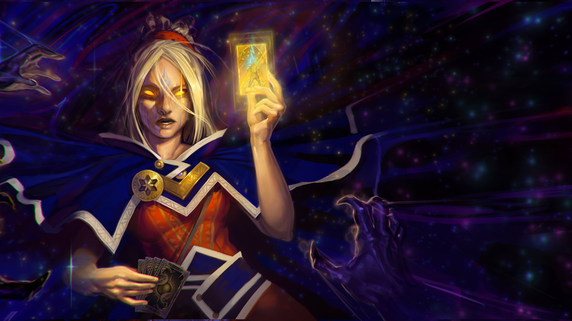 Pathfinde Iconic sorcerer, Seoni, stands with their cloak sweeping out around them and holding up a glowing card