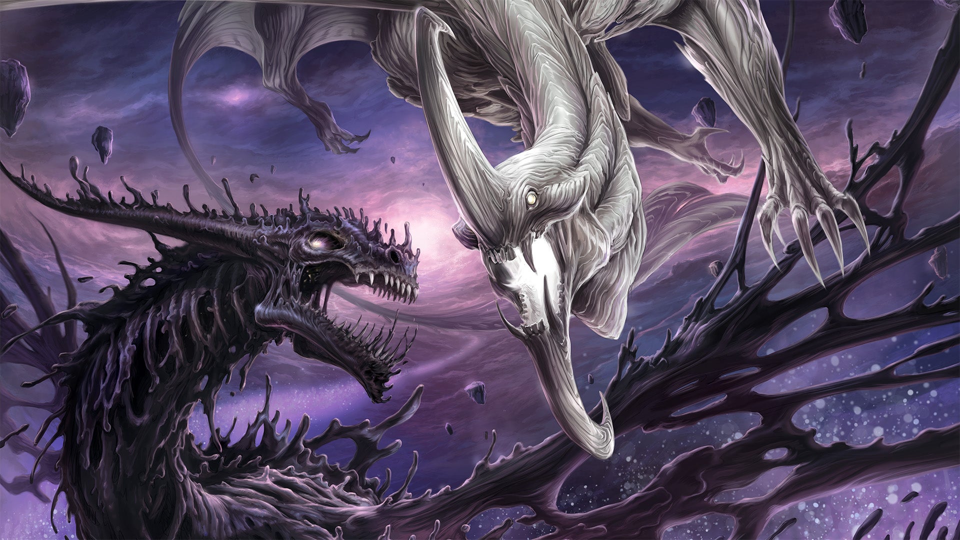 Two dragons, a black skeletal dragon and a silvery white sleek dragon with two large horns, twist around each other as they battle through the skies.