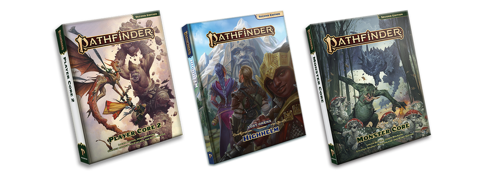 Three pathfinder second edition books, the Player Core Two, Pathfinder Lost Omens Highhelm, and Pathfinder Monster Core