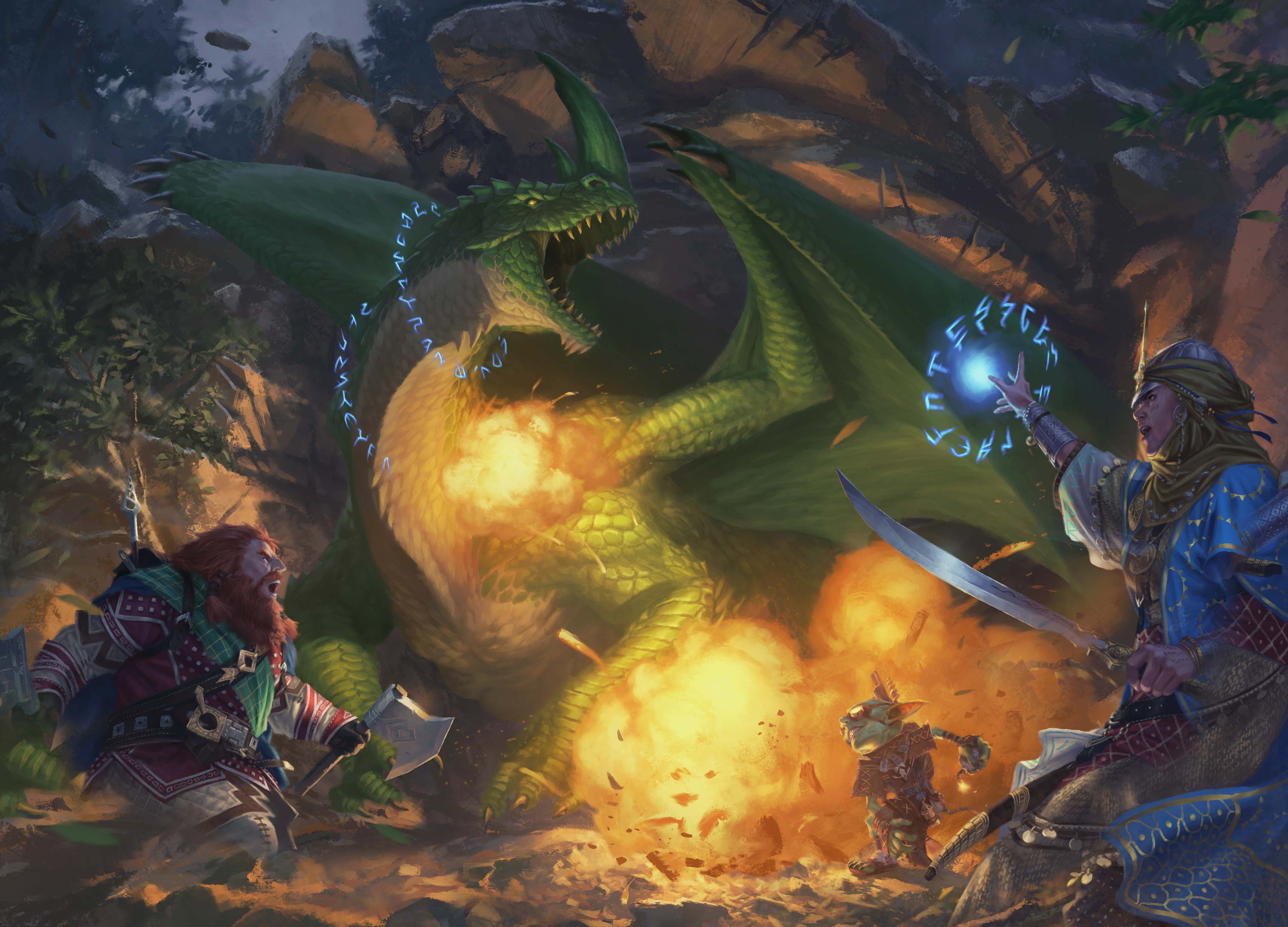 Pathfinder iconics Kyra, Harsk, and Fumbus battling a large green dragon