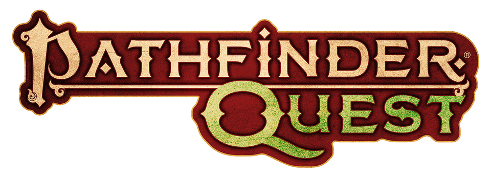 Pathfinder Quest text logo, Pathfinder is in gold text and Quest is in green text. The text is wrapped in a dark red background 