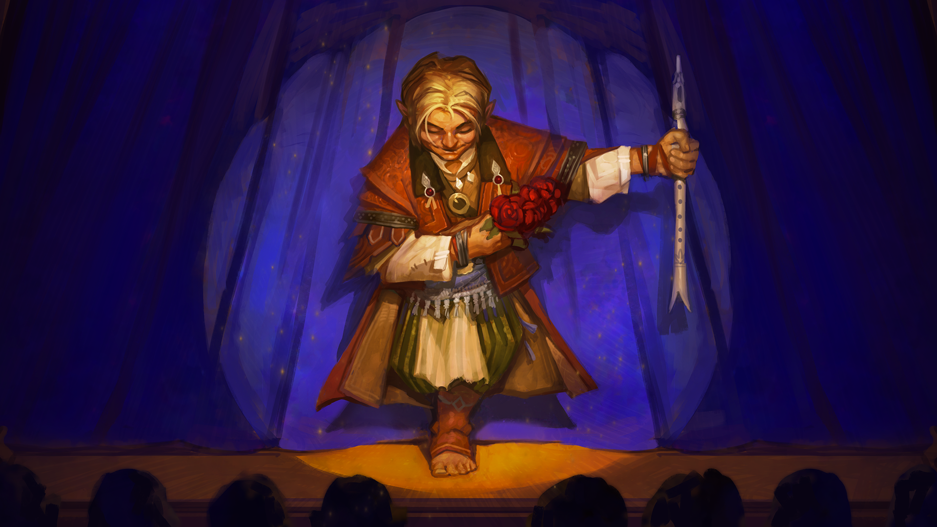Pathfinder iconic bard, Lem, holding his flute out to the side while he bows to the audience from center stage