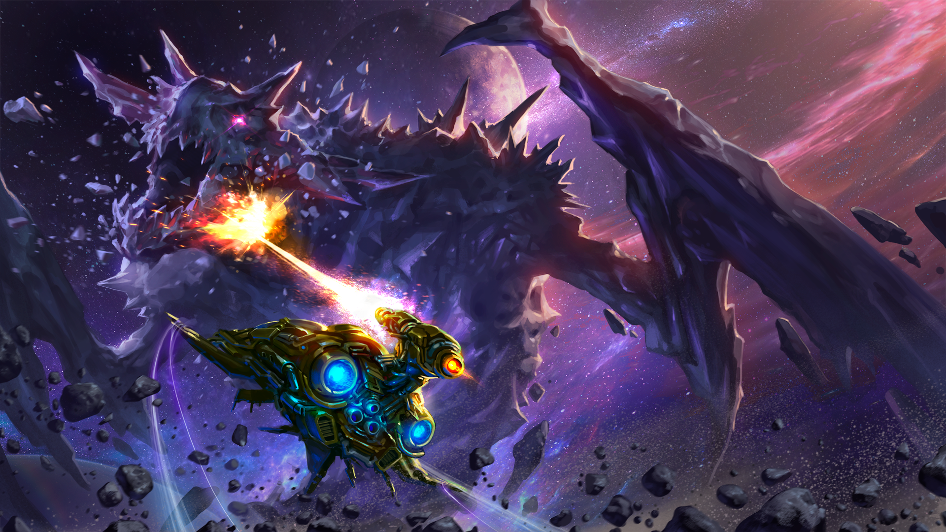 A ship fires upon a large dragon-like alien with rocky skin in the depths of space 