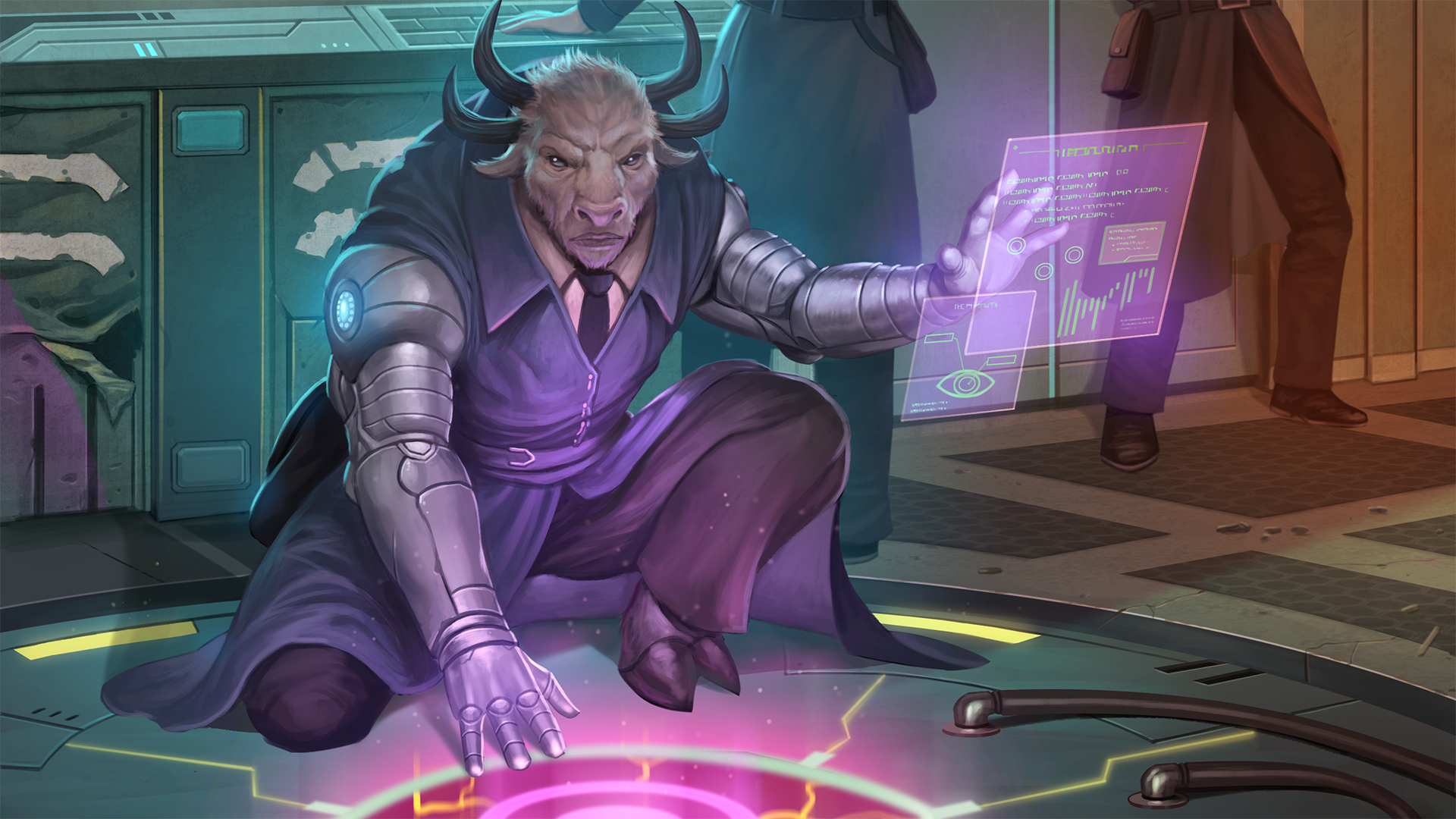 Starfinder Adventure: Drift Crisis Case Files cover art featuring a minotaur-esque alien dressed in a suit investigating a strange electrical phenomenon 