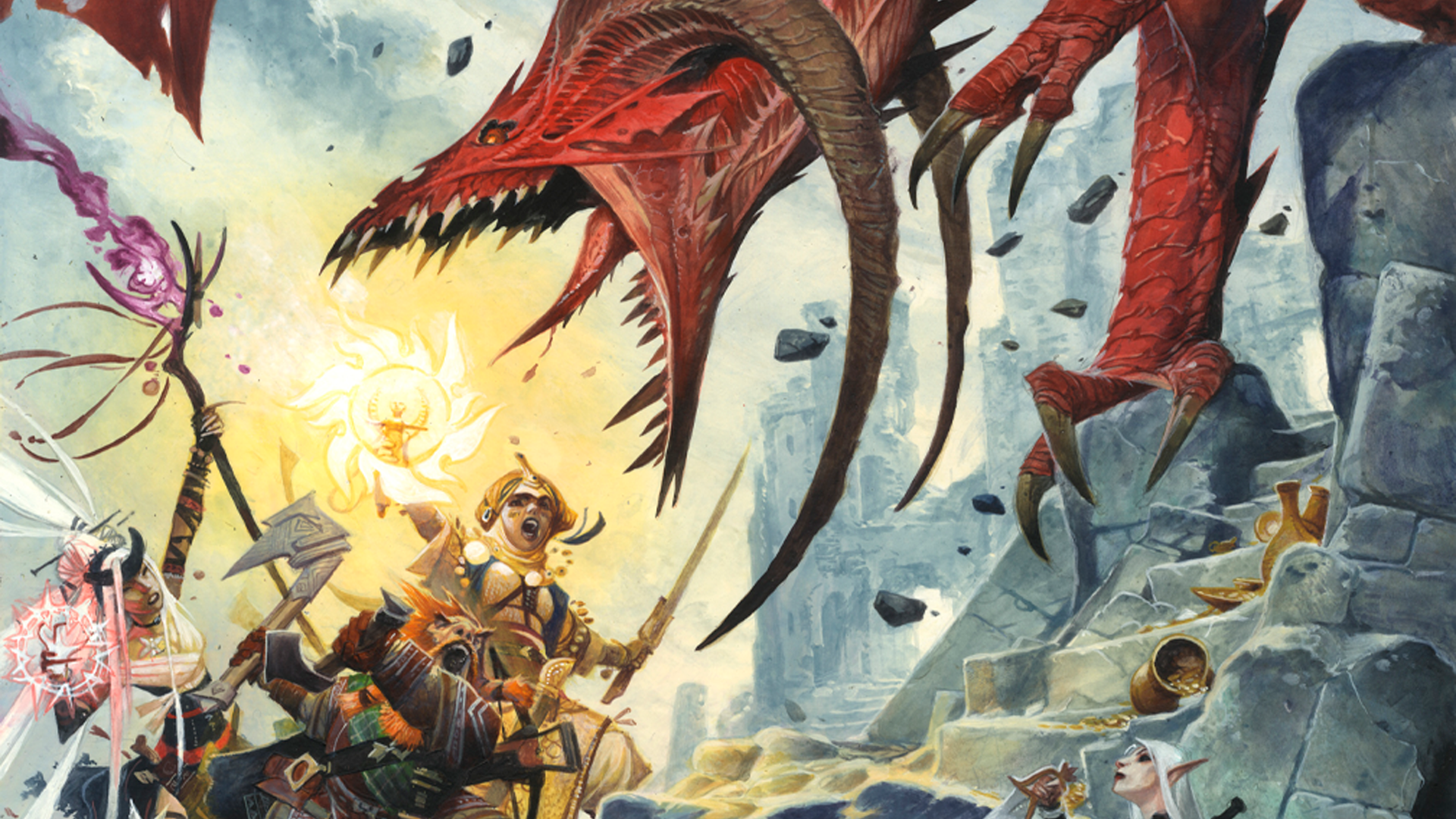 Player Core Cover featuring iconics Harsk, Kyra, and Merisiel facing against a red dragon amongst stone ruins