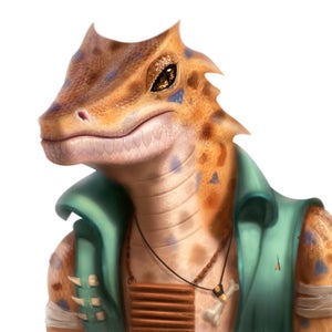 Urwal, a spotted lizardfolk in a green vest, leader of the Verdant Wheel.