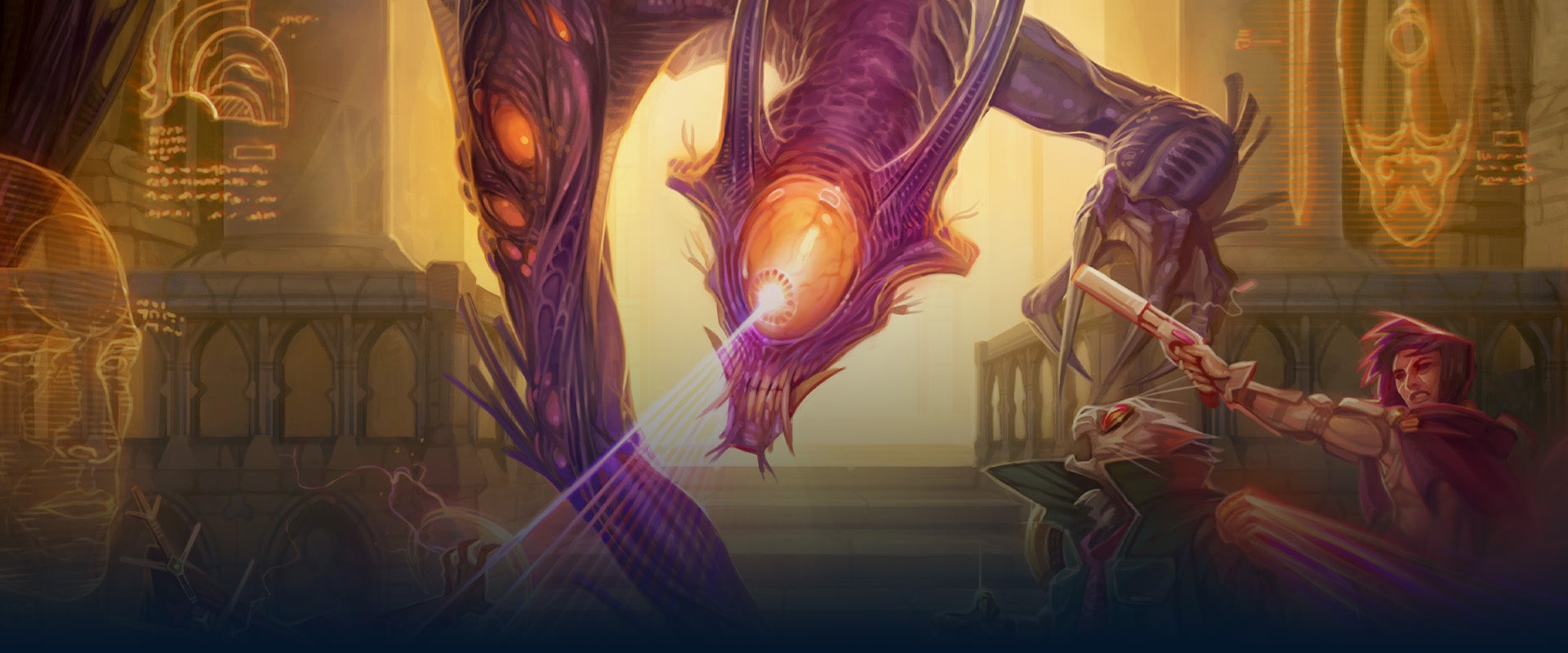Starfinder Second Edition Player Core: Starfinder iconics, Navasi, Dae, and ChkChk fave against a large purple skinned dragon alien with a single large yellow eye in the center of its face and a number of smaller yellow eyes running down its arms. The dragon is focusing it's laser-like glare down onto Chkchk
