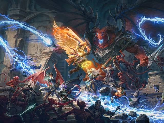 Wrath of the Righteous key art, the heroes battling a large, red, winged, armored demon