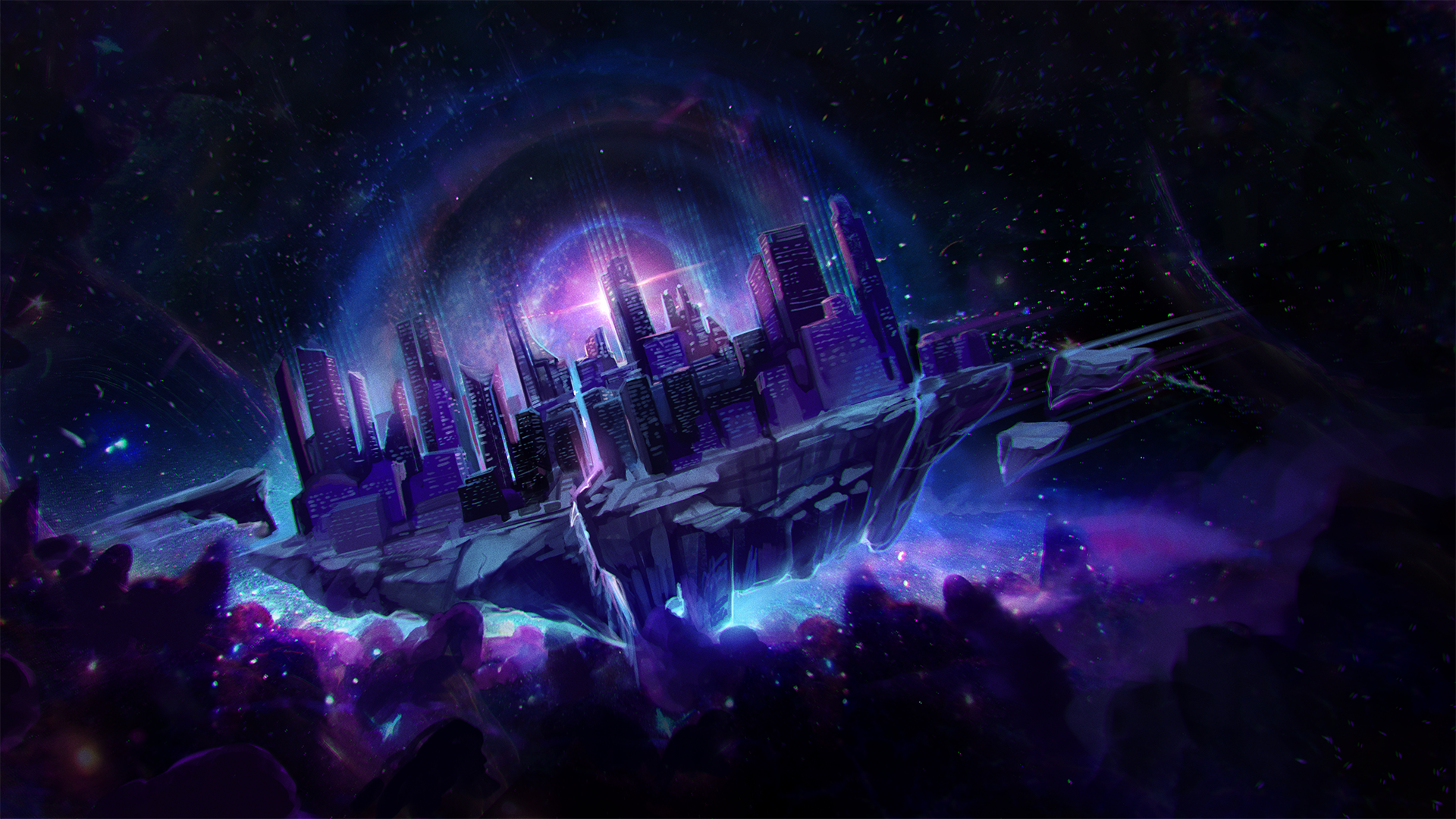 A city floating on a large flat rock in the vastness of space