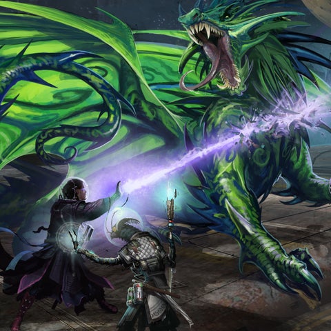 Iconics, Navasi and Keskodai, both wearing space suits and helmets, battle a large green dragon-like alien.  