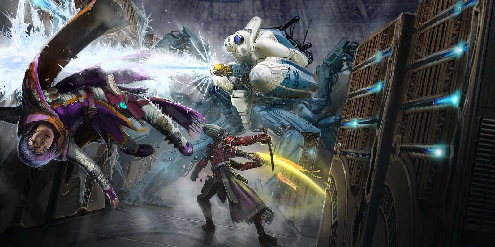 Starfinder Iconics, Navasi the human envoy and Altronus the Kasatha Solarian, battle a large multi-legged robot