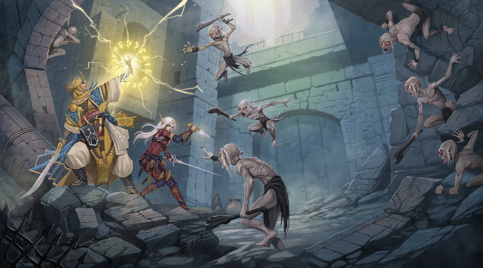 Iconics Kyra and Merisiel battle a small group of skeletal morlocks in crumbling ruins