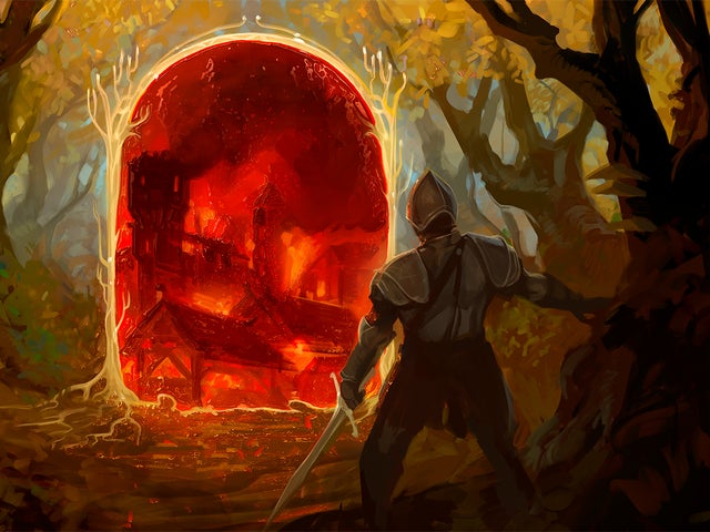 An armored adventurer stands in a wooded forest, peering into a magical looking gate that shows a burning town on the other side