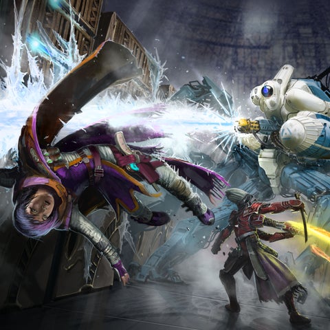 Iconics Navasi and Altronus battle a large bipedal robot. Navasi is diving out of the way of an icy blast while Altronus attacks its legs.