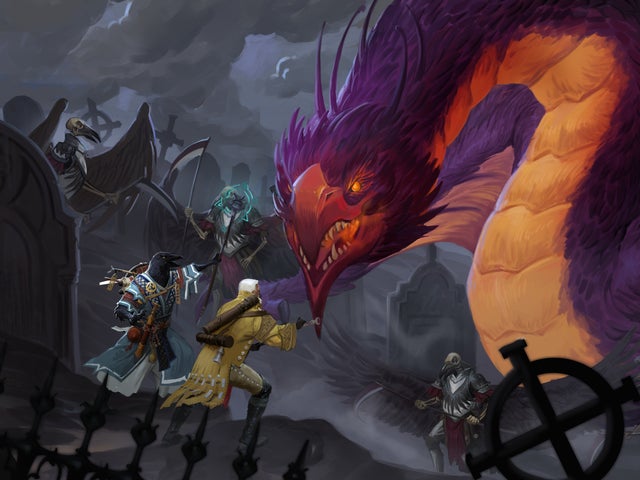 Iconics Korakai and Quinn, surrounded by the undead in a graveyard and facing against a large purple feathered creature