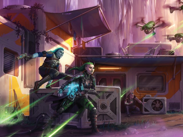 Starfinder iconics Raia and Iseph flee from a hoard of drones firing down on them from above
