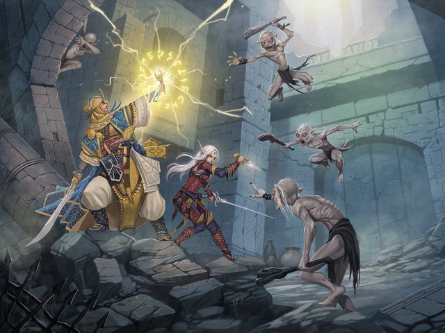 Pathfinder Iconics  kyra and merisiel battling their way out of a dungeon against a small hoard of Morlocks