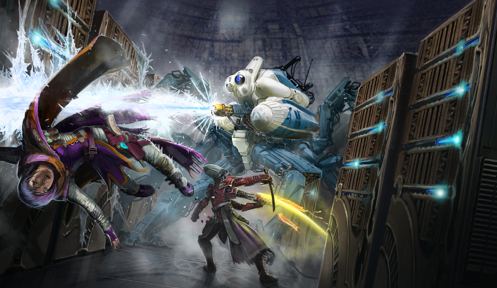 Iconics Navasi and Altronus battle a large bipedal robot. Navasi is diving out of the way of an icy blast while Altronus attacks its legs.